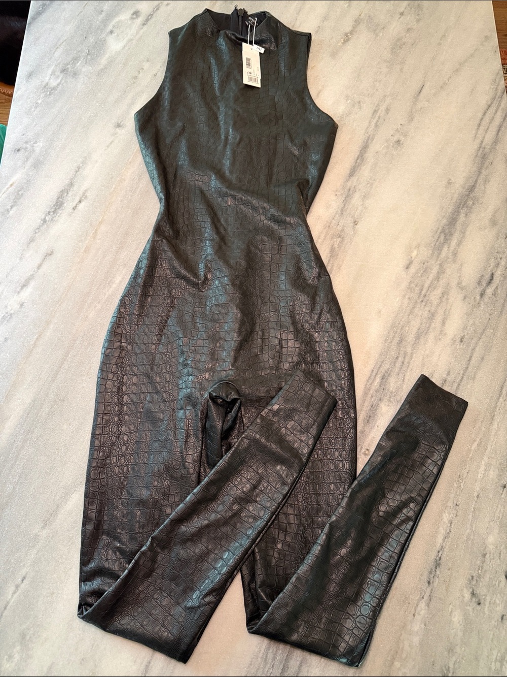 naked wardrobe Black Croc-Embossed Sleeveless Jumpsuit
